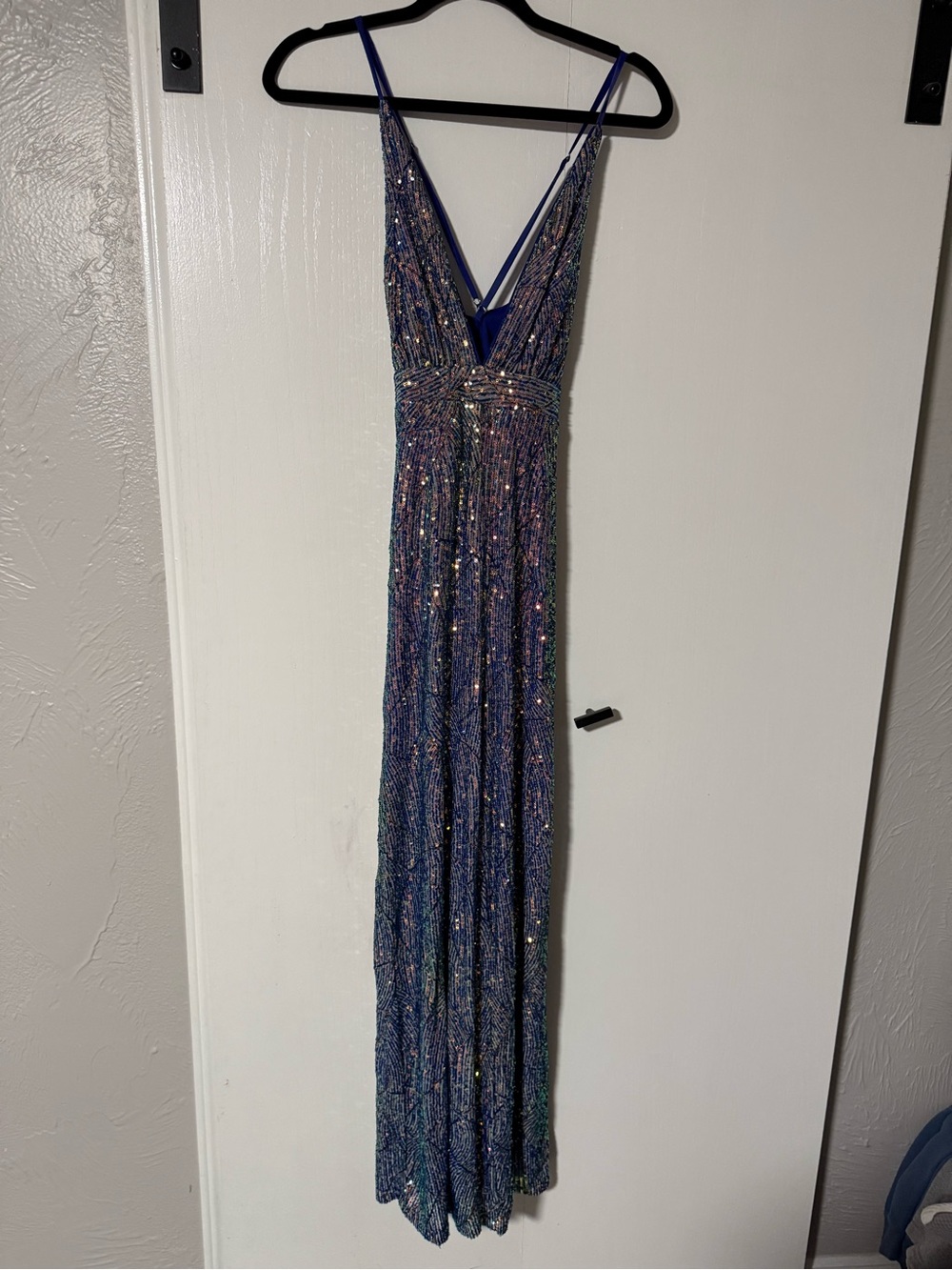 Luxxel Iridescent Blue Sequin V‑Neck Pants Jumpsuit